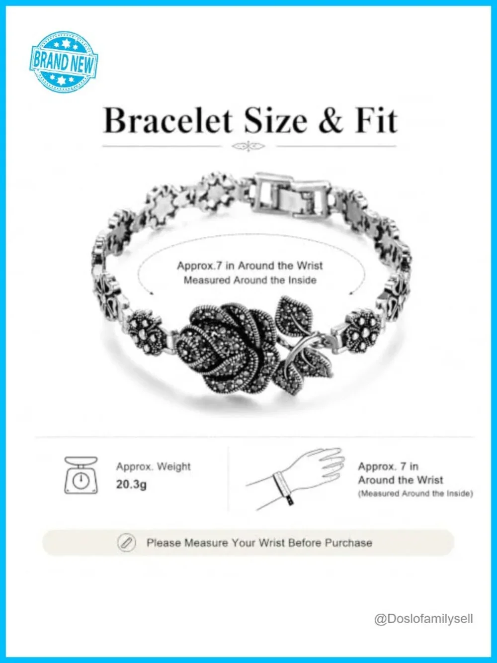 Vintage Black Onyx Marcasite Rose Bangle Bracelet, Link Chain Cuff